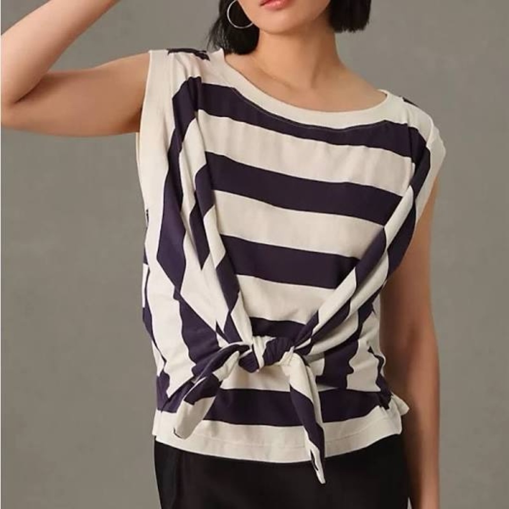 Anthropologie Maeve tie front wrap tee navy and white striped-Medium-NWT
